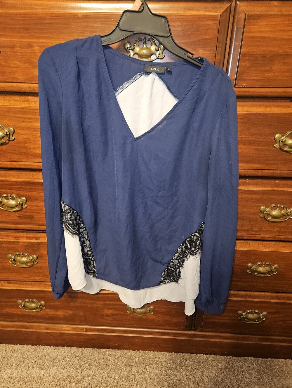 Apt. 9 Navy Blouse with Cream Panels and Black Lace